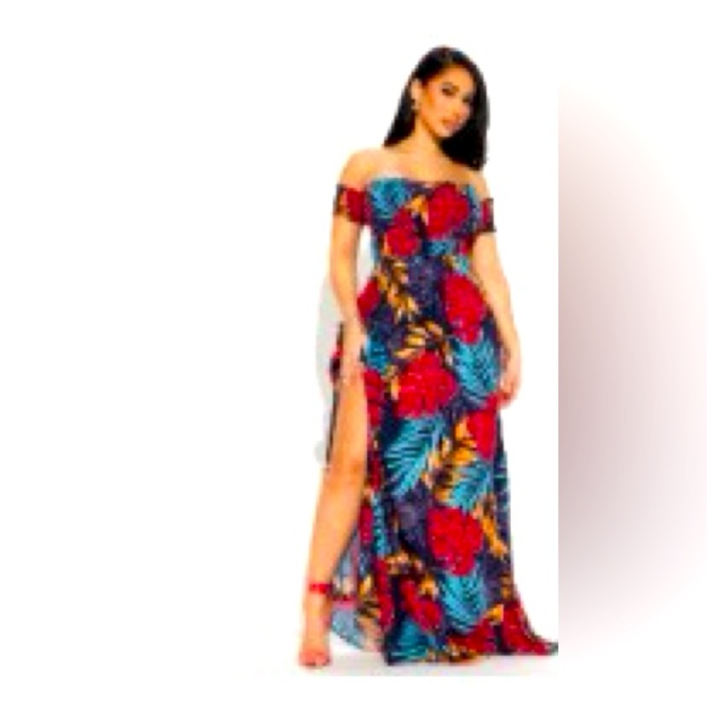 Fashion Nova Off Shoulder Maxi Dress - Multi Color